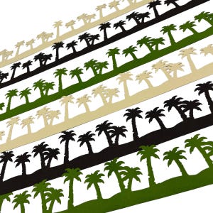 May include: Rows of palm tree cutouts in various colors, including black, green, and beige, are arranged diagonally against a white background. The cutouts are detailed, showing the trunks and fronds of the trees. The design suggests a tropical or beach theme.