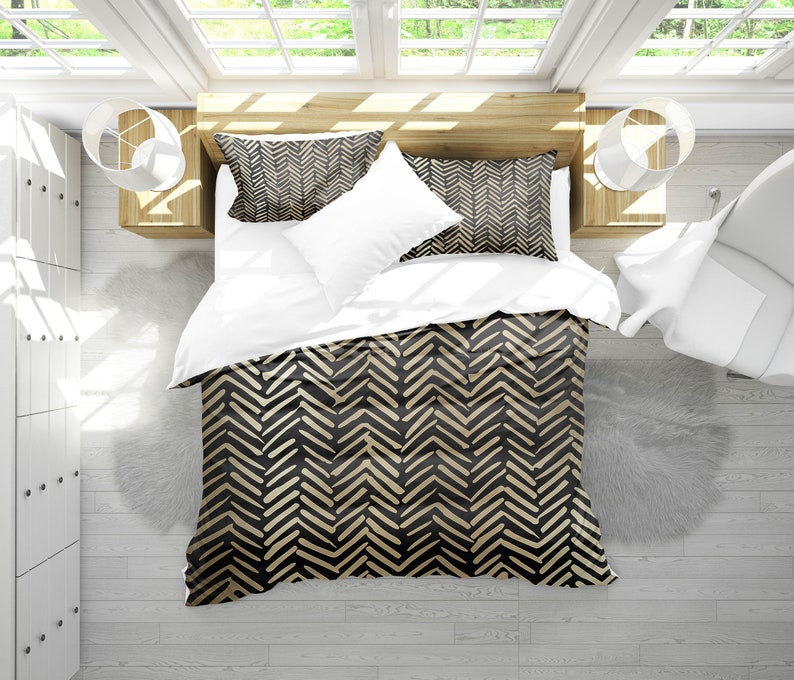 Duvet Cover Queen Size Black And Gold Modern Bohemian Etsy