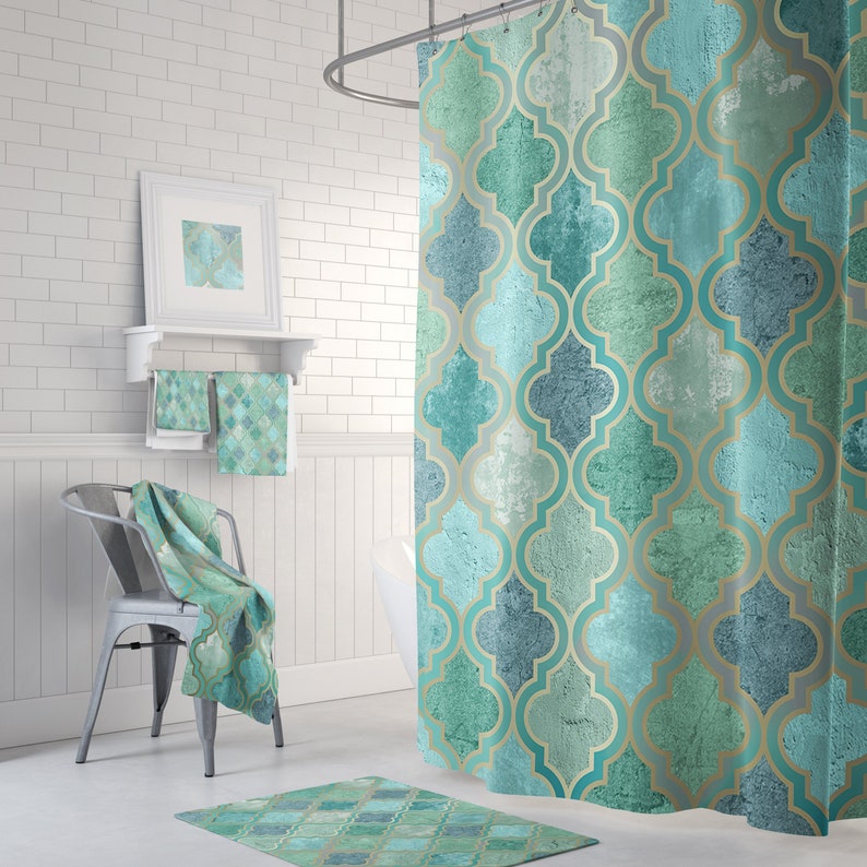 Green Aqua Teal Moroccan Shower Curtain Bath Mats And Hand Towels Can Also Be Purchased On This Listing S Starting At