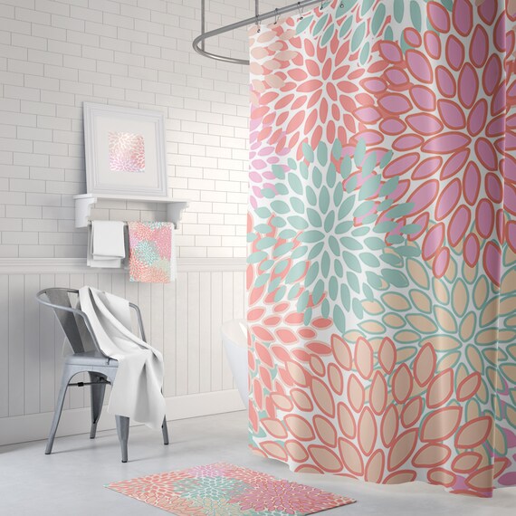 Pink Orange Coral Teal Floral Shower Curtain Bath Mats Etsy
