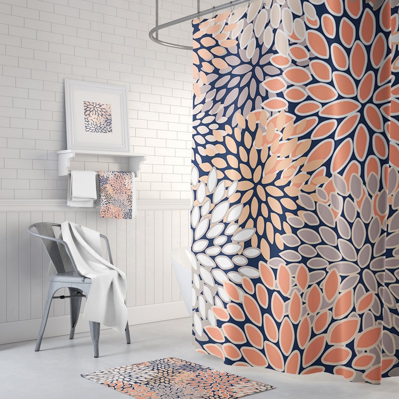 Coral Peach Navy Blue Floral Shower Curtain Bath Mats Etsy