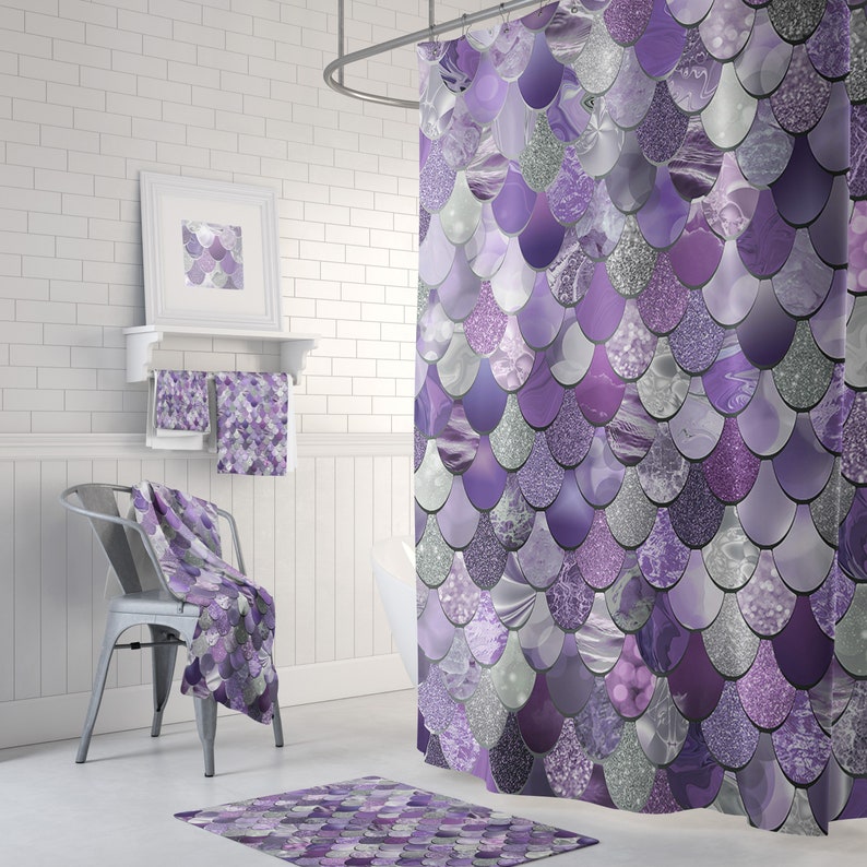 Purple Bathroom Mermaid Shower Curtain Bath Mats And Hand Etsy