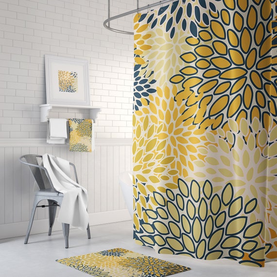 Navy Blue And Yellow Floral Shower Curtain Bath Mats Etsy