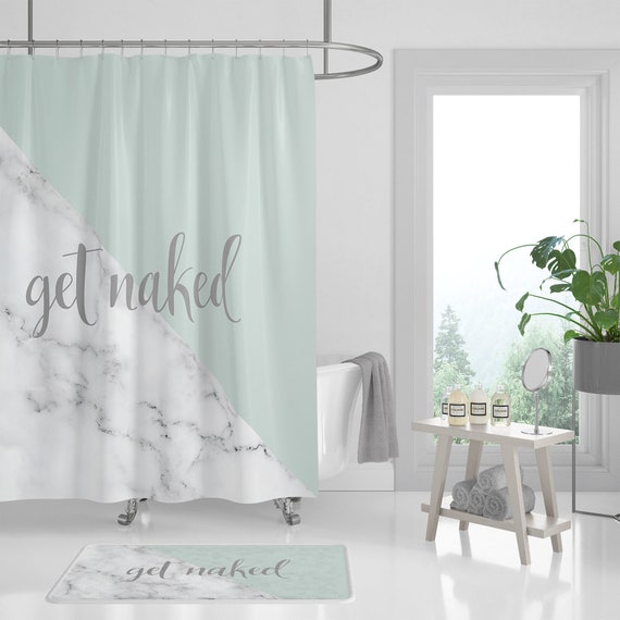 Get Naked Shower Curtain Mint Green Grey Marble Bath Mats Etsy