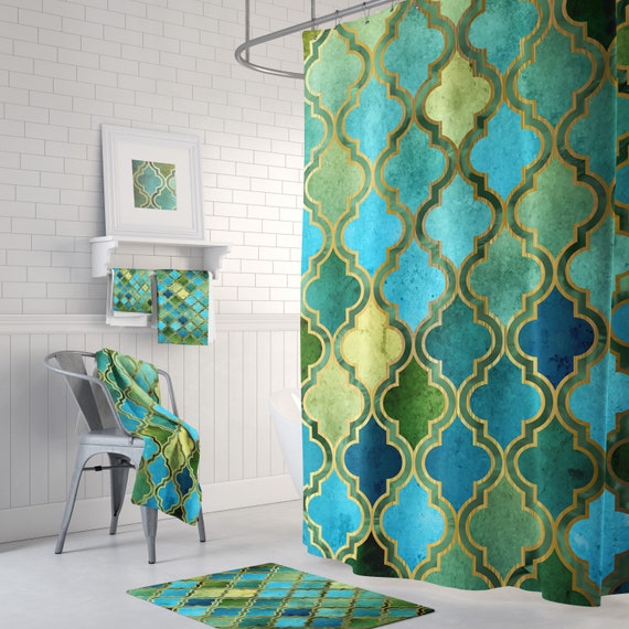 Green Aqua Teal Moroccan Shower Curtain with optional Etsy