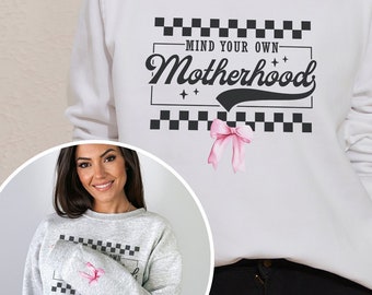 Mind Your Motherhood Retro-Style Sweatshirt - Pink Bows on Sleeves, checkered design, sweater, retro mom, Mother's Day 2024