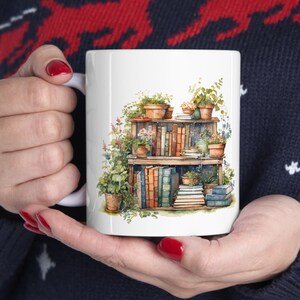Books & Coffee Mug - Watercolor Bookshelf with plants - 11oz, Plant Lover Mug, Plant Mug, Plant Mom Gift, Perfect Plant Lover Gift
