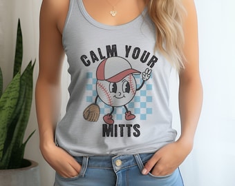 Racerback Baseball Tank - Calm Your Mitts - retro style, cute summer tank, baseball mom, baseball shirt, baseball gift, Funny Baseball