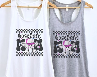 Retro Checkered Baseball Mom Racerback Tank | Cool and Cute | Team Mom Gift | Baseball tank top | Baseball Shirt For Women, Baseball Lover