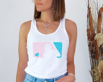 Retro Baseball Logo Tank – Pink Blue Distressed Design, Sporty Chic Racerback