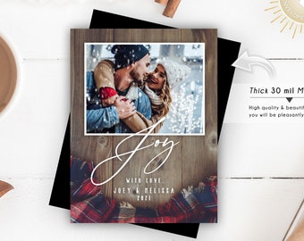 Joy Christmas Photo Magnet | Envelopes Included, scarf on wooden background, boho style, mailable, Christmas 2021