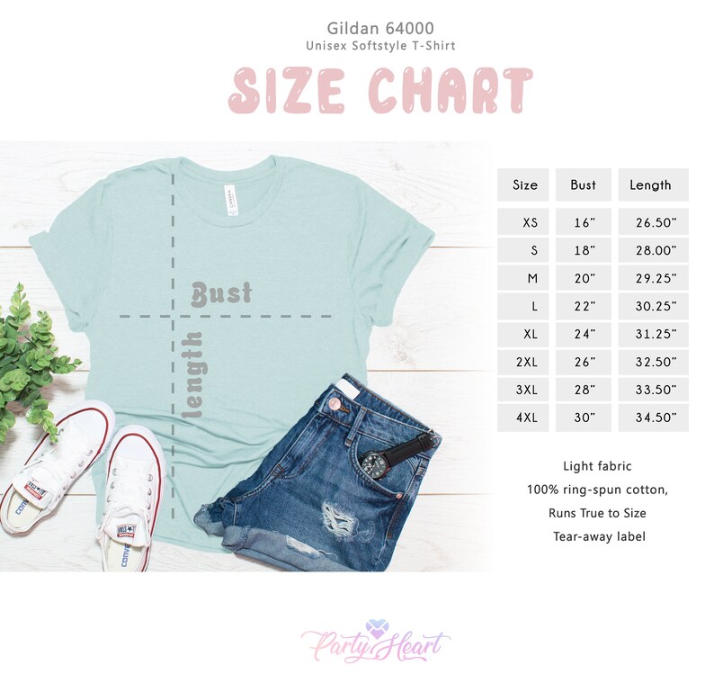 May include: A size chart for a Gildan 64000 Unisex Softstyle T-Shirt. The chart shows the bust and length measurements in inches for sizes XS to 4XL. The chart also includes information about the fabric, which is 100% ring-spun cotton, and the fit, which runs true to size.
