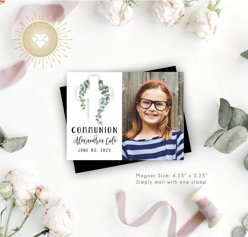 Communion Photo Magnets & Party Favor Envelopes Included christening, baptism favors, baptism magnets, bautizo, 2023 personalized favor image 1