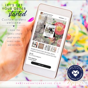 Puede incluir: Un smartphone muestra un anuncio de Etsy para imanes de fotos personalizados. El anuncio presenta un im&aacute;n Save the Date con la foto de una pareja. El texto en la pantalla dice "Simple & Sweet Save the Date" y "A&ntilde;adir al carrito."
