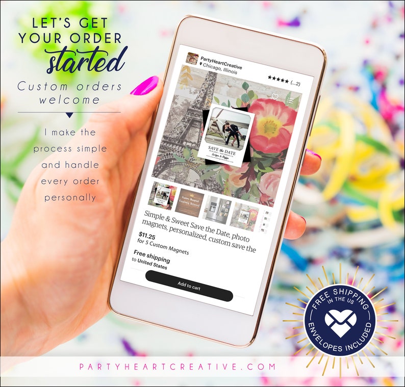 Puede incluir: Un smartphone muestra un anuncio de Etsy para imanes de fotos personalizados. El anuncio presenta un im&aacute;n Save the Date con la foto de una pareja. El texto en la pantalla dice "Simple & Sweet Save the Date" y "A&ntilde;adir al carrito."