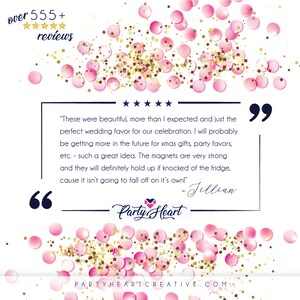 Puede incluir: Fondo blanco con confeti rosa y purpurina dorada. La imagen incluye una rese&ntilde;a de cliente con una calificaci&oacute;n de 5 estrellas y el texto "over 555+ reviews". La rese&ntilde;a trata sobre imanes de Party Heart.