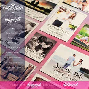 Puede incluir: Una colecci&oacute;n de imanes personalizados con varios dise&ntilde;os, incluyendo anuncios de boda y tarjetas de reserva de fecha. Los imanes presentan fotos y texto, con las palabras "Party Heart" y "magnets" visibles. El fondo es una superficie rosa.