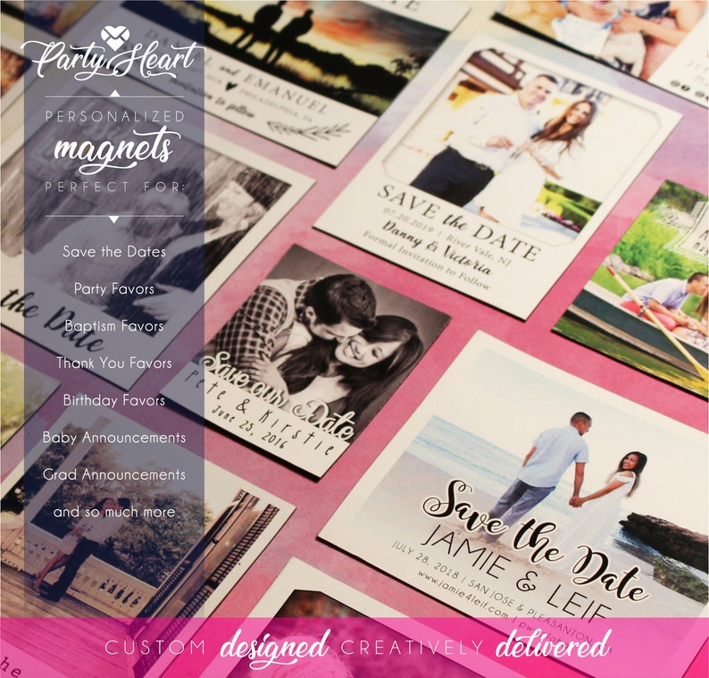 Puede incluir: Una colecci&oacute;n de imanes personalizados con varios dise&ntilde;os, incluyendo anuncios de boda y tarjetas de reserva de fecha. Los imanes presentan fotos y texto, con las palabras "Party Heart" y "magnets" visibles. El fondo es una superficie rosa.