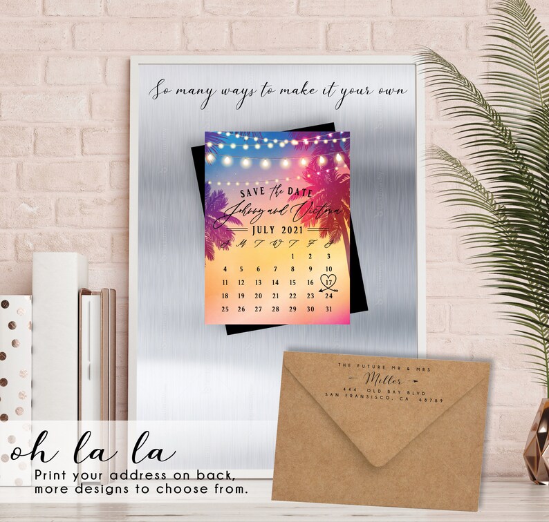 Summer Glow Save the Date Calendar MAGNETS Envelopes Included premium magnets, tropical wedding, beach magnet, palm tree, Custom wedding image 3