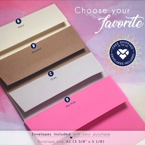 Puede incluir: Una selecci&oacute;n de sobres A1 en marfil, natural, gris y rosa intenso. La imagen incluye el texto "Elige tu favorito" y "Sobres incluidos". El tama&ntilde;o del sobre es de 9,2 cm x 13 cm.