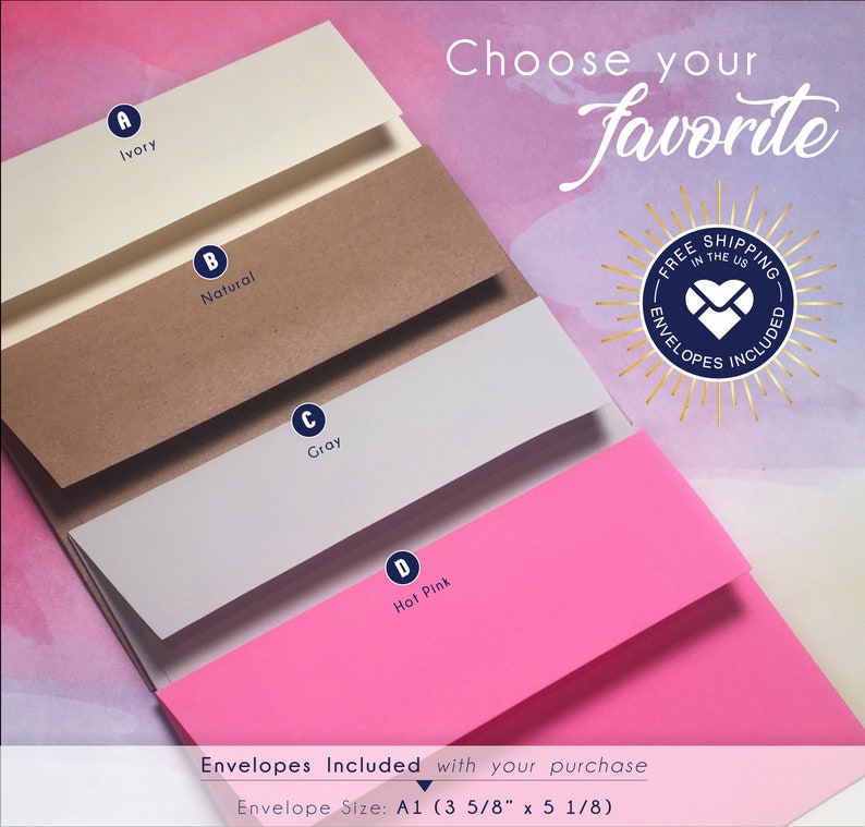 Puede incluir: Una selecci&oacute;n de sobres A1 en marfil, natural, gris y rosa intenso. La imagen incluye el texto "Elige tu favorito" y "Sobres incluidos". El tama&ntilde;o del sobre es de 9,2 cm x 13 cm.