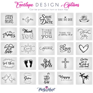 Puede incluir: Una colecci&oacute;n de opciones de dise&ntilde;o de sobres con varios elementos de texto y gr&aacute;ficos. Los dise&ntilde;os incluyen frases como "Save the Date", "Thank You" y "Happy Birthday", junto con ilustraciones de un anillo, un coraz&oacute;n y p&aacute;jaros. El texto "Envelope DESIGN Options" est&aacute; en la parte superior.