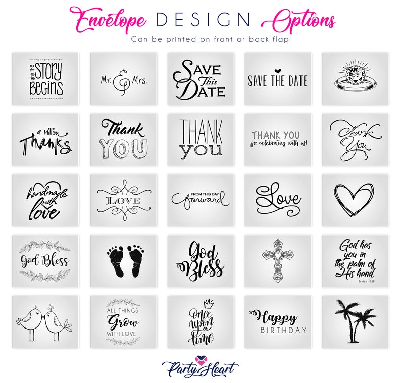 Puede incluir: Una colecci&oacute;n de opciones de dise&ntilde;o de sobres con varios elementos de texto y gr&aacute;ficos. Los dise&ntilde;os incluyen frases como "Save the Date", "Thank You" y "Happy Birthday", junto con ilustraciones de un anillo, un coraz&oacute;n y p&aacute;jaros. El texto "Envelope DESIGN Options" est&aacute; en la parte superior.