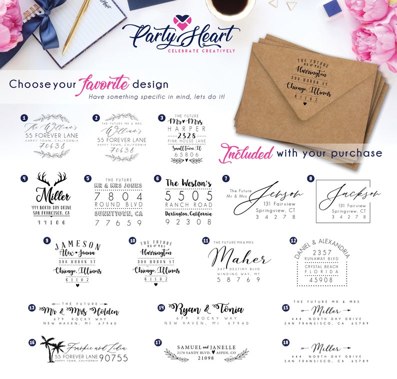 Puede incluir: Una selecci&oacute;n de dise&ntilde;os de sellos de direcci&oacute;n personalizados, con varias fuentes y dise&ntilde;os. Los sellos se muestran en sobres de papel kraft, con texto como "Elige tu dise&ntilde;o favorito" y "Incluido con tu compra".