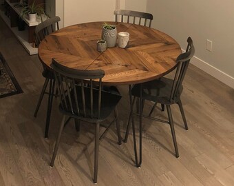 Reclaimed Oak Herringbone Dining Table with optional leaf system