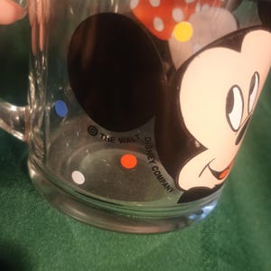 Pu&ograve; includere: Tazza di vetro trasparente con un disegno a cartoni animati di Minnie Mouse. La tazza ha un manico ed &egrave; decorata con pois e la scritta "THE WALT DISNEY COMPANY". Il vetro trasparente permette di vedere il contenuto.