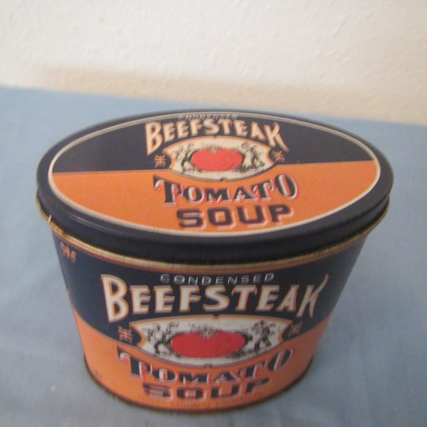 vintage Campbells Beefsteak Tomato Soup Tin Container , 1995 condensed soup tin