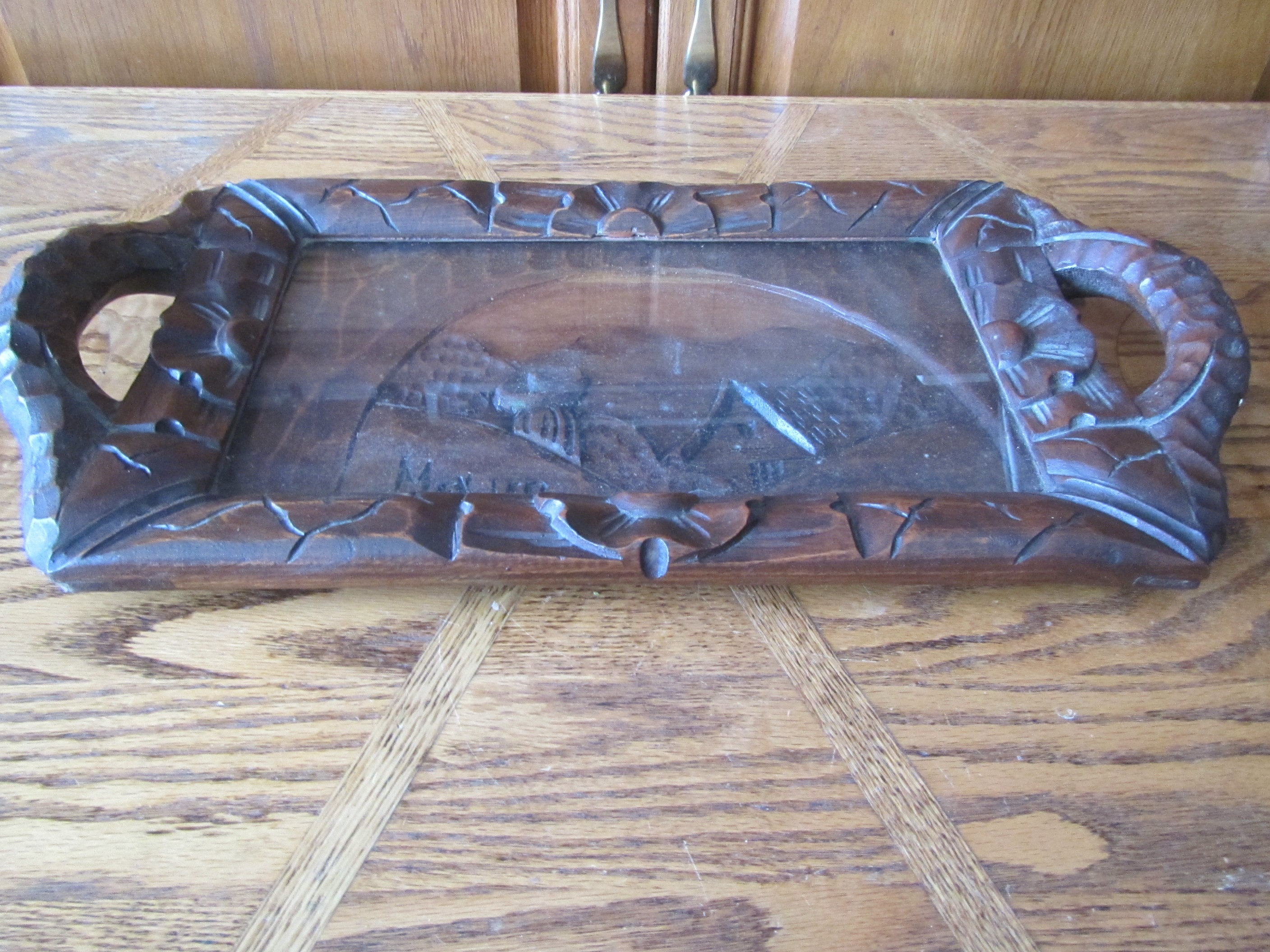 Vintage Carved Wood Tray With Glass Over Carved Scene, Mexico