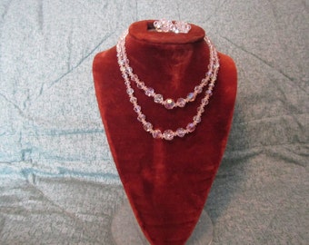 vintage 2 strand Clear GLASS BEADED NECKLACE and clipon Earrings set