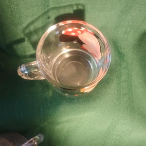 Pu&ograve; includere: Tazza di vetro trasparente con manico, con un disegno di fungo dipinto con pois rossi e bianchi. La tazza &egrave; vuota e poggia su una superficie verde.