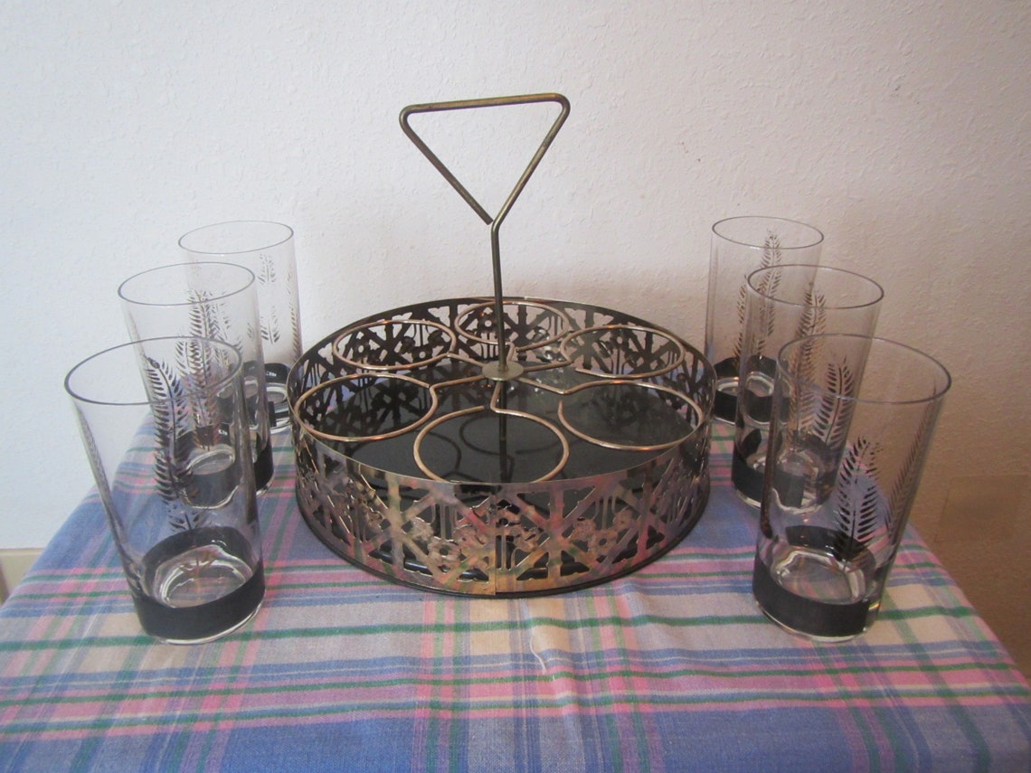 Glass Caddy With 6 Glasses Gold Tone Metal Caddy & 6 Etsy