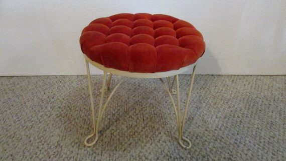 Vanity Stool With Cast Iron Legs and Dark Pink Tucked and Rolled