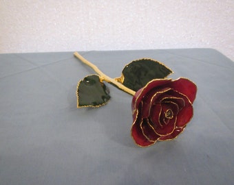 Genuine Rose Preserved in 24k Gold, Burgundy in color , rose, stem and leaves dipped in 24k gold