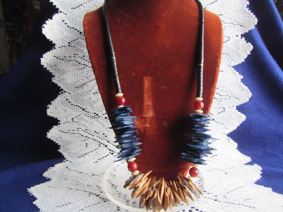 vintage NECKLACE with small black beads , blue an… - image 1