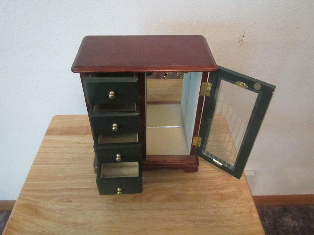 Wood Jewelry Box Drawers and Door for Necklaces Brown Stain Finish  With Green Painted Door and Drawers