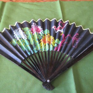 vintage DECORATIVE Flower & Bird HAND FAN ;  paper and wood fan