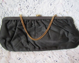vintage  Black Satin Clutch / Evening Bag with gold tone Chain ** purse *  1940s or 1950s