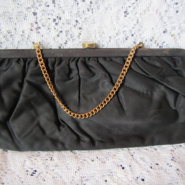 vintage  Black Satin Clutch / Evening Bag with gold tone Chain ** purse *  1940s or 1950s