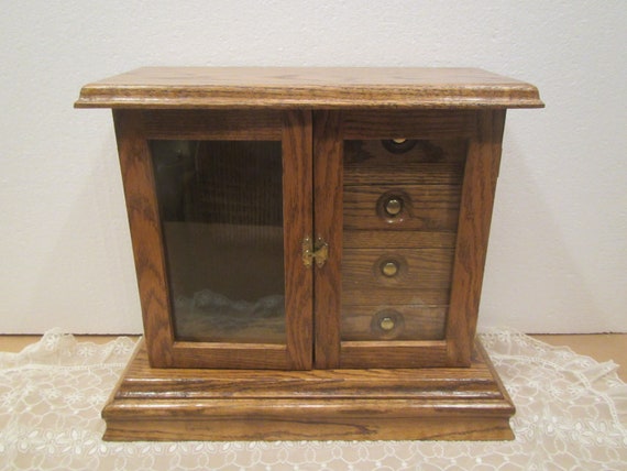 Oak Jewelry Box With 2 Glass Doors And 4 Drawers Etsy