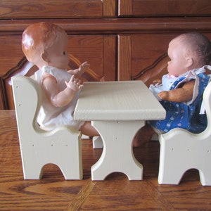 Wooden Table and 2 Benches , Fits 10 and 11 inch dolls and Barbie size dolls , doll furniture , doll table and bench set