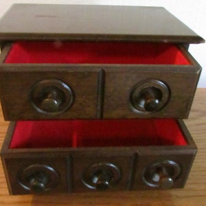 Wood Jewelry Box * 2 drawers  * Brown Stain finish with red fabric lined drawers