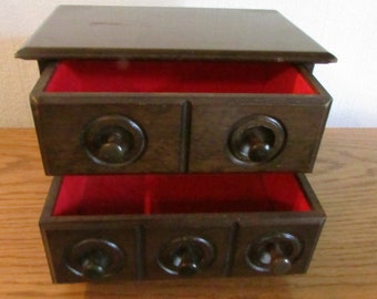 Wood Jewelry Box * 2 drawers  * Brown Stain finish with red fabric lined drawers