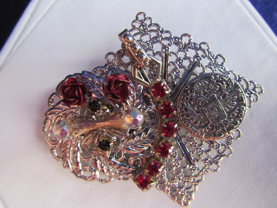 vintage SILVERTONE PIN BROOCH with Red Stones ; J… - image 2