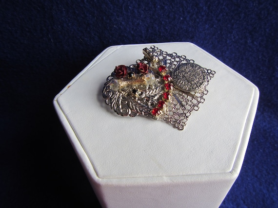 vintage SILVERTONE PIN BROOCH with Red Stones ; J… - image 1