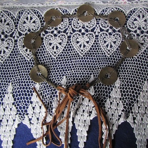 vintage  Antique Brass Chain and  Disc Belt with Leather strip ends