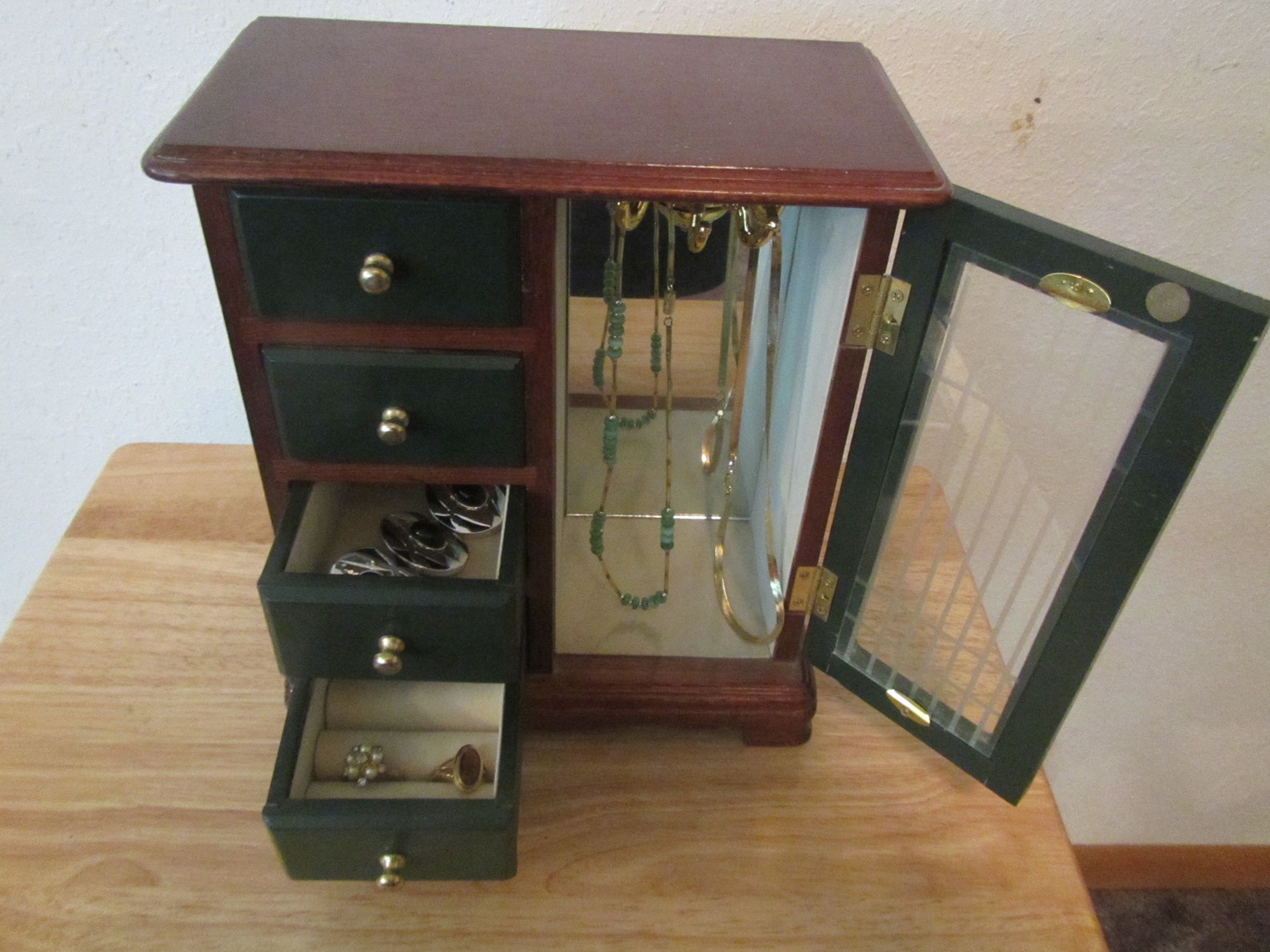 Wood Jewelry Box * 4 Drawers and 1 Door for Necklaces , Brown Stain ...